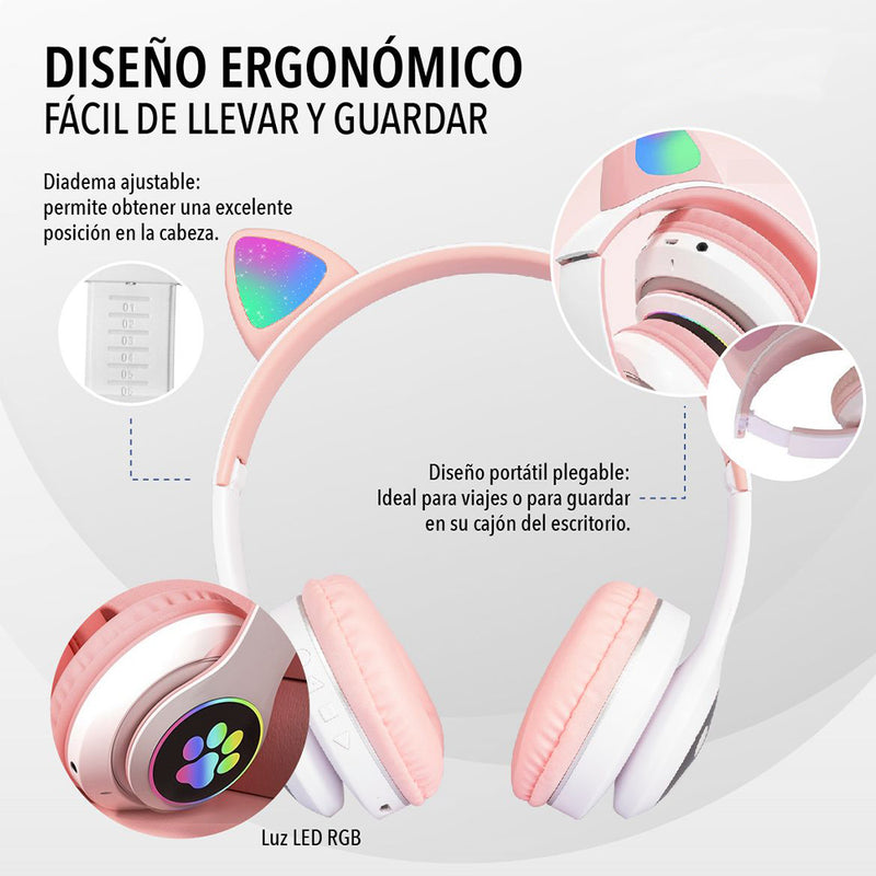 Audífonos Bluetooth Led Cat Ear VZV-23M Rosado