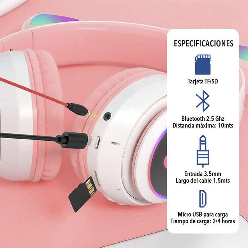 Audífonos Bluetooth Led Cat Ear VZV-23M Rosado