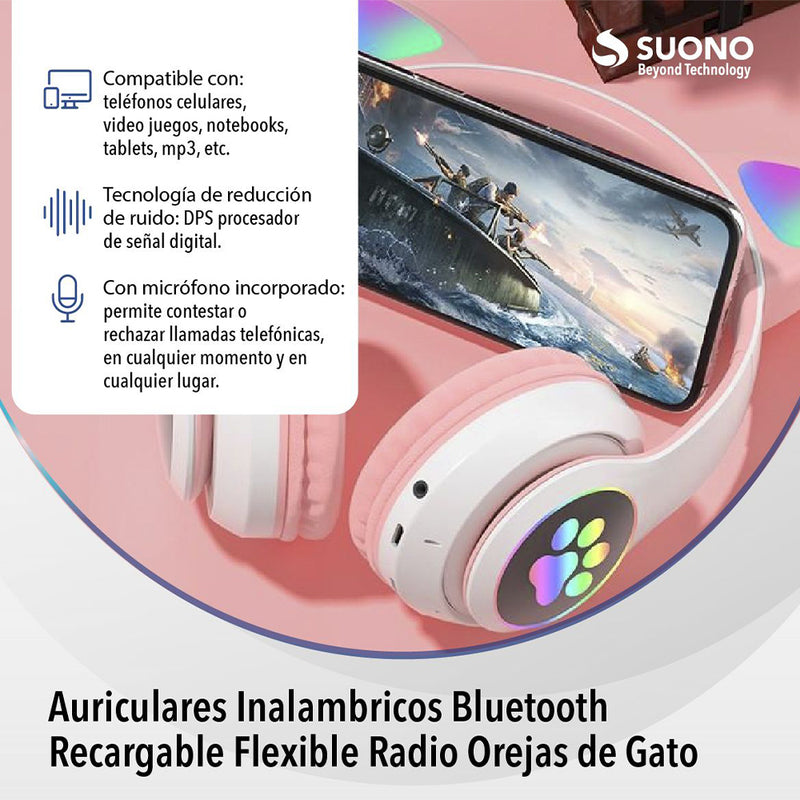 Audífonos Bluetooth Led Cat Ear VZV-23M Celeste